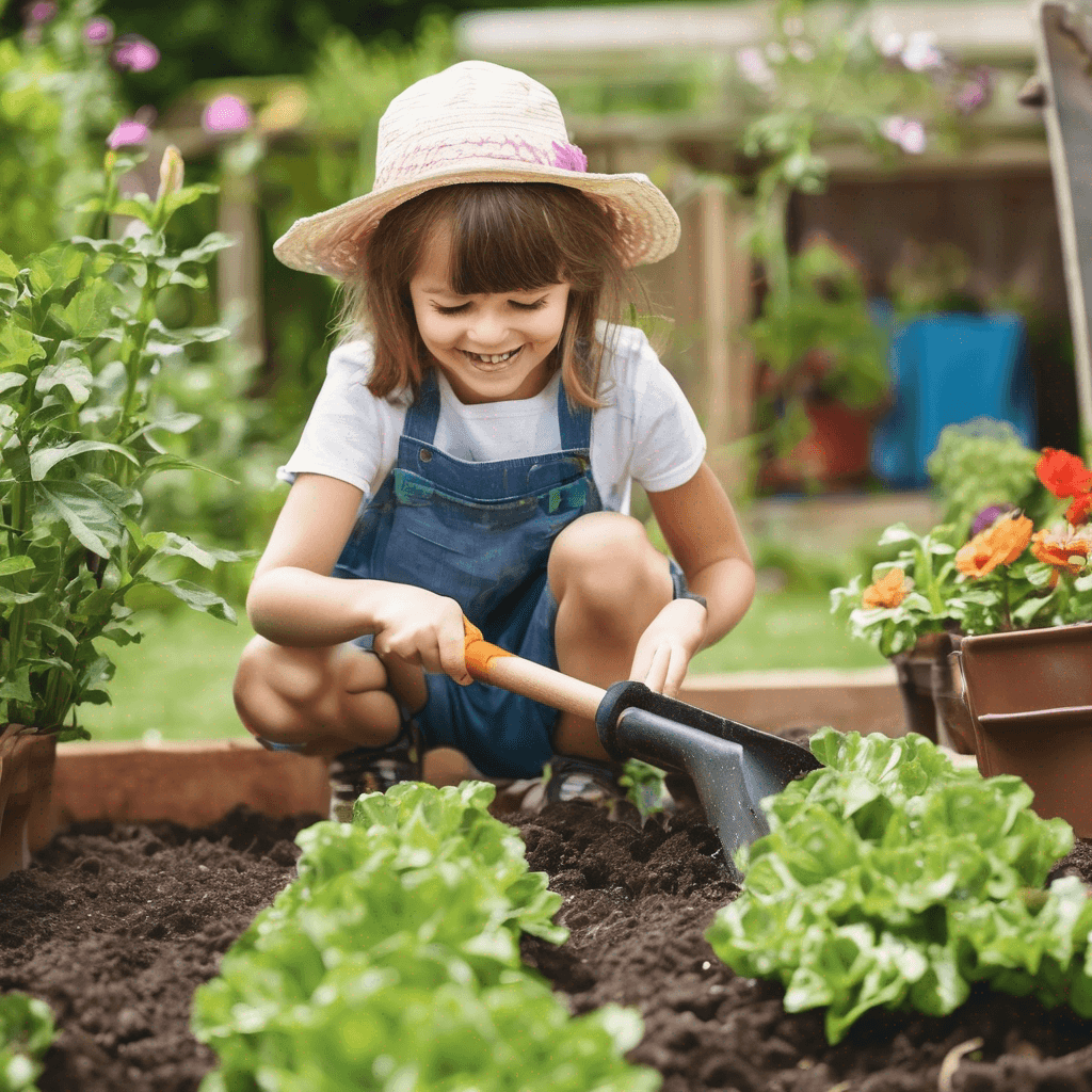 A child watering plants in a garden, surrounded by flowers and vegetables, symbolizing the benefits of gardening for kids.