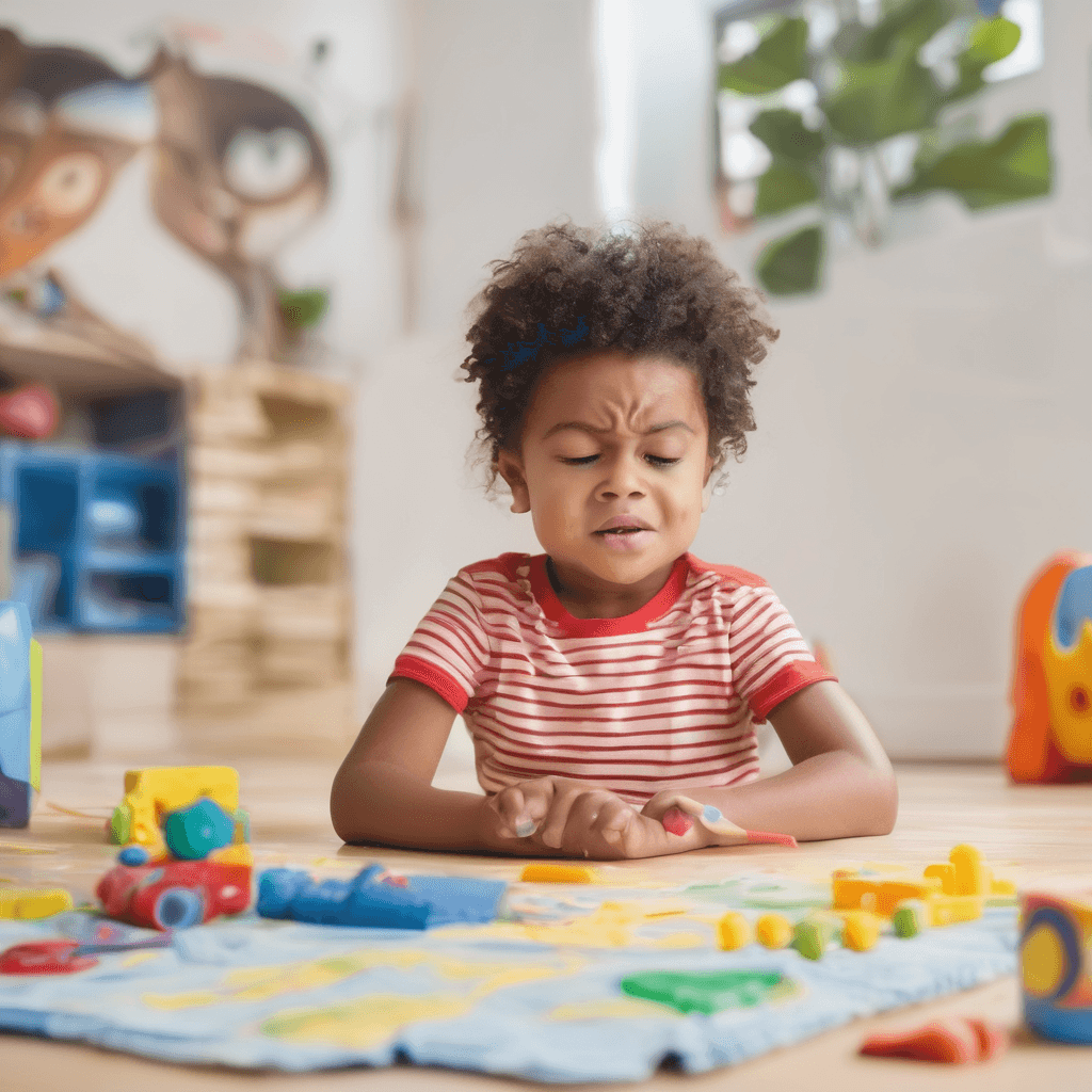 Illustration of a caregiver helping a young child identify emotions using colorful emotion cards.