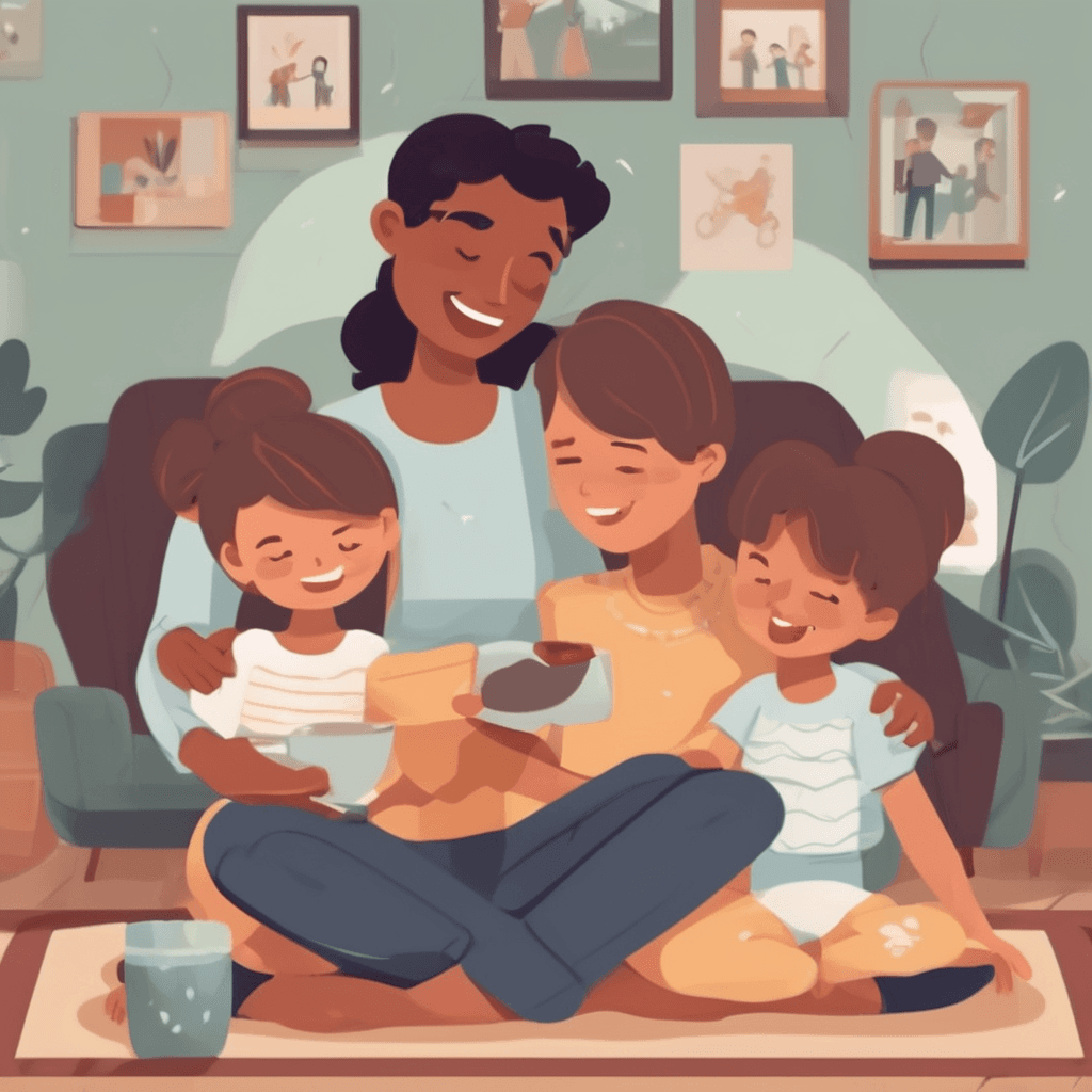 A happy family laughing together on a couch, showcasing the emotional stability and well-being from strong family bonding.