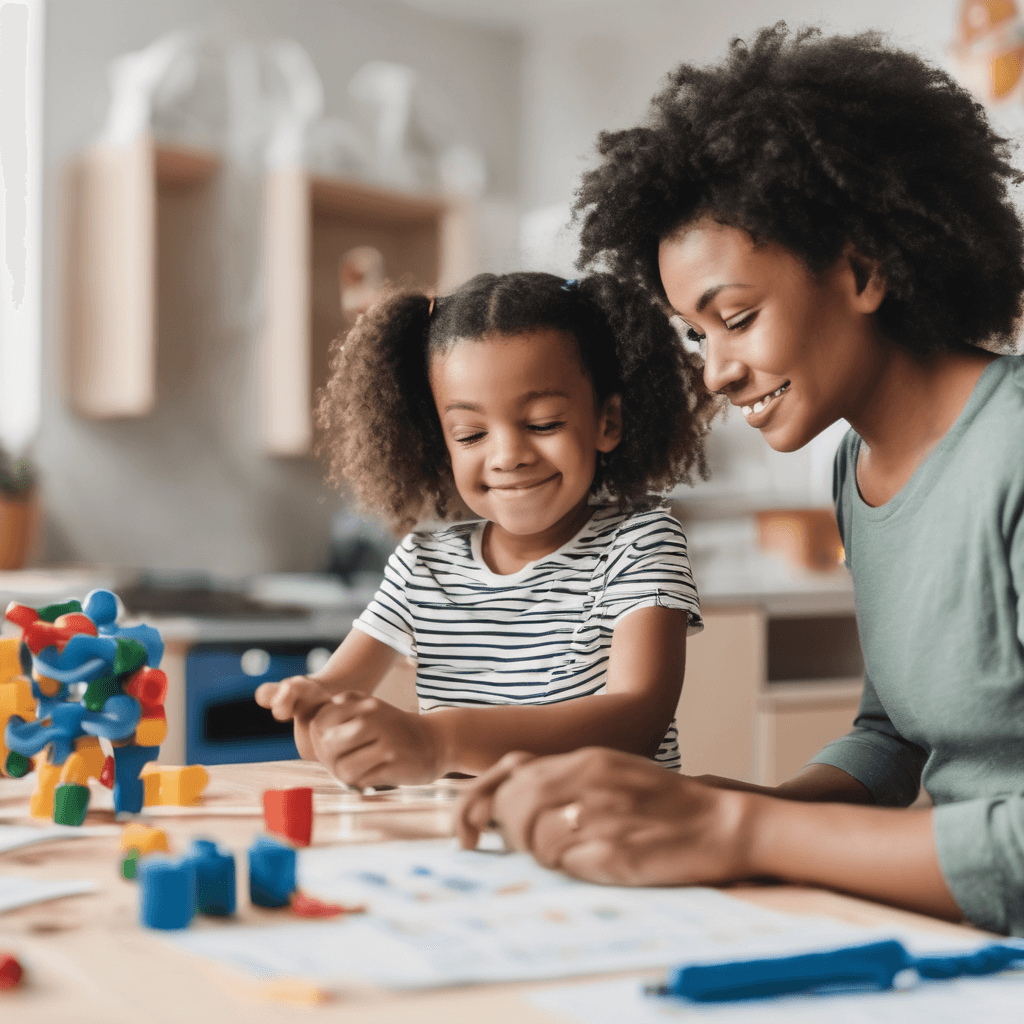 Illustration of parents helping a child learn with books and playful activities, fostering cognitive development.