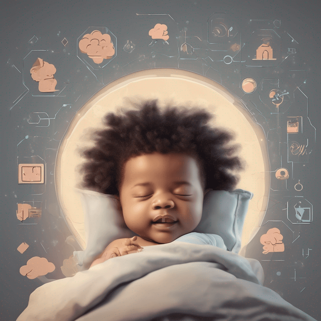 Child sleeping peacefully in bed with illustrations of brain development and growth concept in the background.