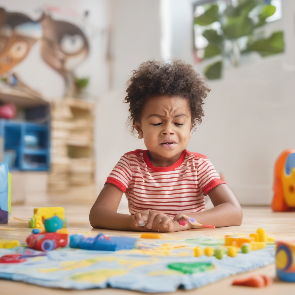 Illustration of a caregiver helping a young child identify emotions using colorful emotion cards.