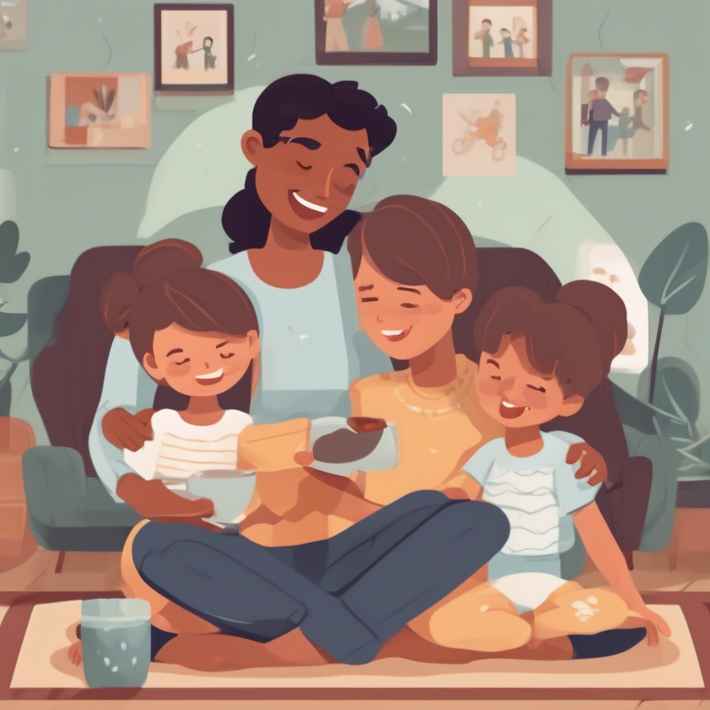 A happy family laughing together on a couch, showcasing the emotional stability and well-being from strong family bonding.